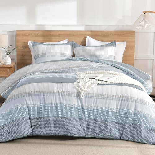 Litanika Light Blue Comforter Full Size Set, 3 Pieces Bedding Set, Blue White Colorblock Stripe (79x90In Comforter & 2 Pillowcases)
