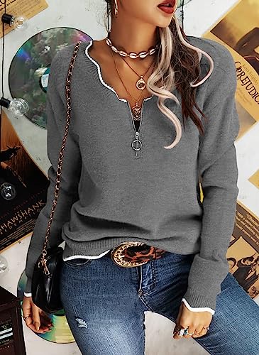 Image of Hongqizo Women's V Neck Long Sleeve Sweater Half Zipper Knit Sweater Casual Cricket Stripe Jumper Pullover Knit Tops