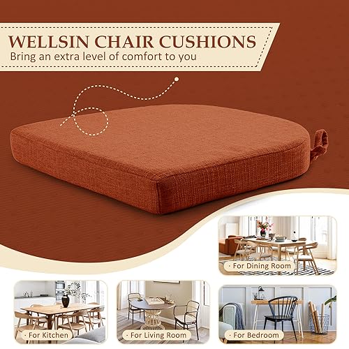 Image of Wellsin Chair Cushions for Dining Chairs 6 Pack - Kitchen Chair Cushions with Ties and Non-Slip Backing - Dining Chair Pads 16 inchX16 inchX2 inch, Orange