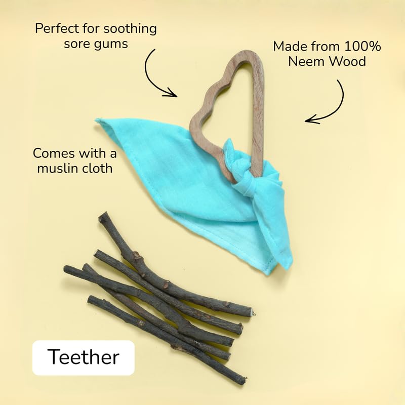 Image of Baby Gift Set - Chand Tara | Newborn Gift Set with Muslin Swaddle, Wooden Rattle, Rolling Toy & Neem Wood Teether | Handmade in India | Non Toxic Baby Gift