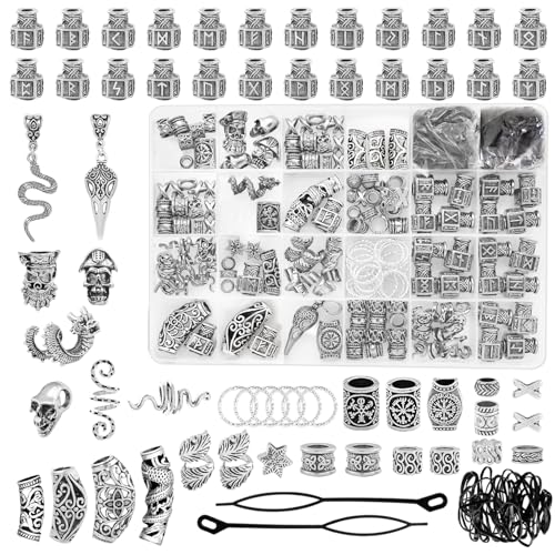 Fscwlmon 242PCS Vikings Hair Clips Jewelry for Women Men Norse Runes Tube Beads Loc Accessories Metal Braids Clip Cuffs for Dreadlock Viking Beard Hair Beads Bracelet Necklace DIY Pirate Decor Silvery