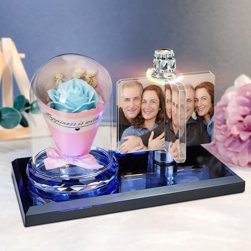 Mexican Custom photo light LED rose flower crystal rectangular photo frame personality light 3D crystal photo frame Christmas gift,BLUE