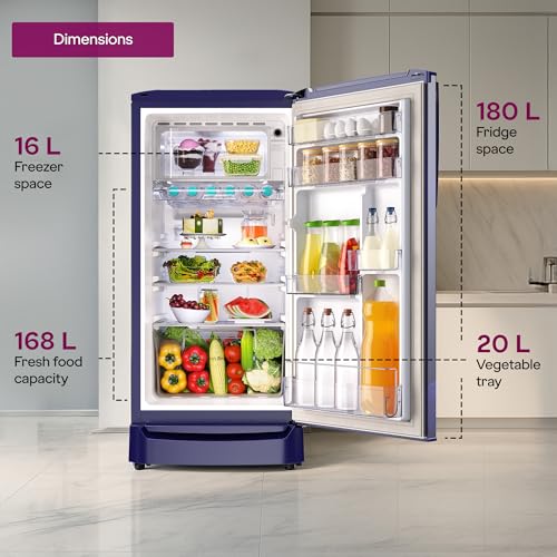 Image of Godrej 183 L 2 Star| Farm Fresh Crisper Technology| Turbo Cooling Technology | Toughened Glass Shelved | Jumbo Vegetable Tray | Direct Cool Single Door Refrigerator (RD R190BN THF BR BL, Berry Blue)