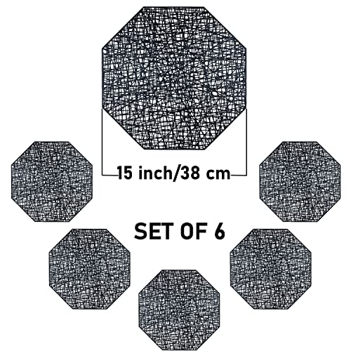 Snowkingdom Black Placemats Set Of 6 Octagonal Metallic Pressed Hollow Out Vinyl Dining Table Mats Centerpiece Decoration 15" #TOP2
