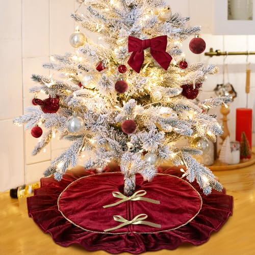 Vertintong VERTINTONG-JUA0832-01 Mini Christmas Tree Skirt Velvet Plush Tiny 20 Inch Red Tree Skirts Luxury Miniature Thick Fur Tree Skirt Vintage Xmas Tree Skirts Table Top Trees Decorations thumb #2