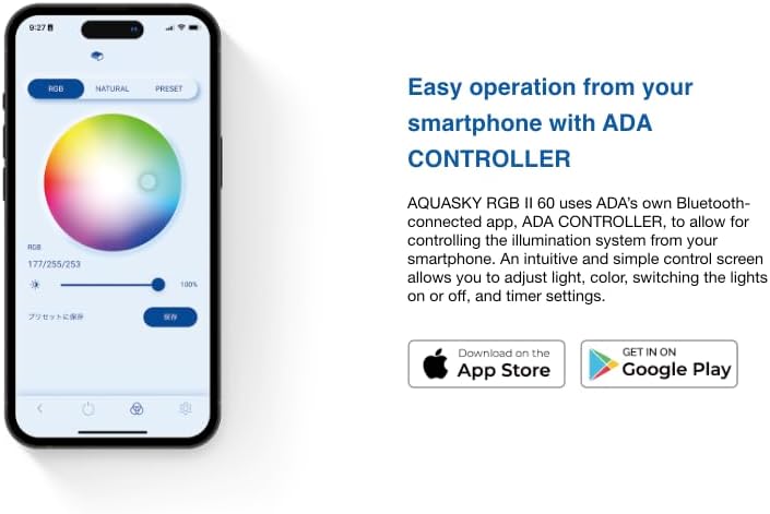 A smartphone screen displaying the ADA CONTROLLER app interface with a color wheel for RGB adjustment, and icons for App Store and Google Play downloads.
