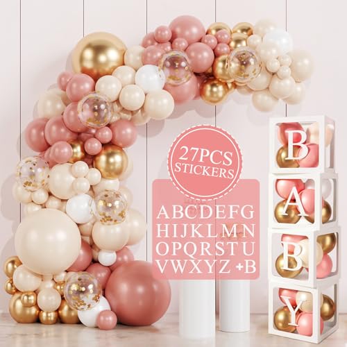 Baby Shower Decoration, 109 pièces Arche Ballon Rose Blanc et Or, 4 Cube Baby Shower avec 27...