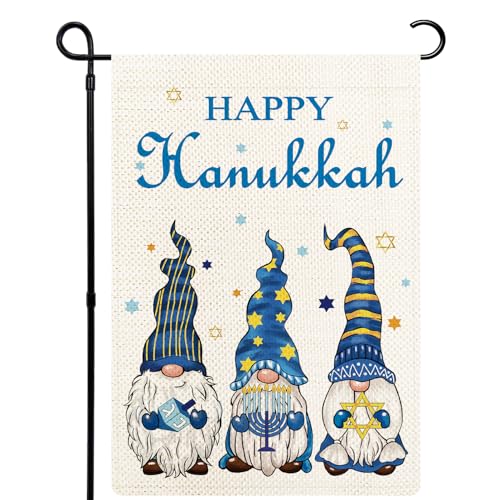 YOVOYOA Happy Hanukkah Gnome Garden Flags for Outside, 12.5 x 18 Inch Double Sided Chanukah Menorah Star of David Flag, Jewish Chanukah Festival Day Garden Flag for Yard Patio Farmhouse Outdoor Decor