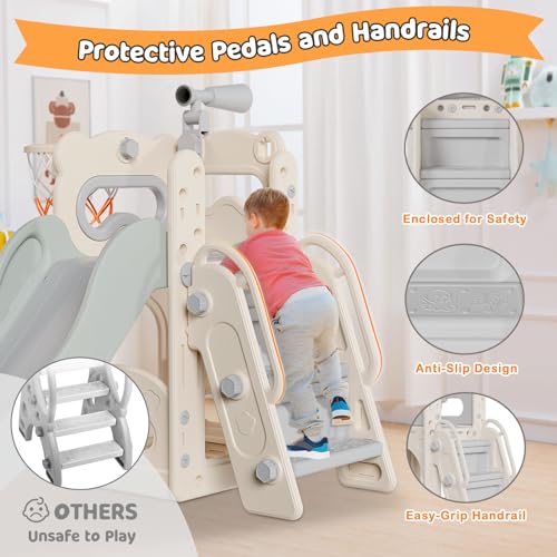 Babytronic Toddler Slide, 6 in 1 Kids Indoor Slide for Toddlers 1-3, Kids Playground for Indoor Outdoor with Basketball Hoop and Telescope, Indoor Outdoor Slide Playset (White&Gray)