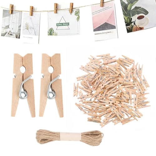 100 Pinces à Linge en Bois Naturel de 30mm avec Ficelle de Jute de 10 mètres décoration Murale DIY, créations artistiques