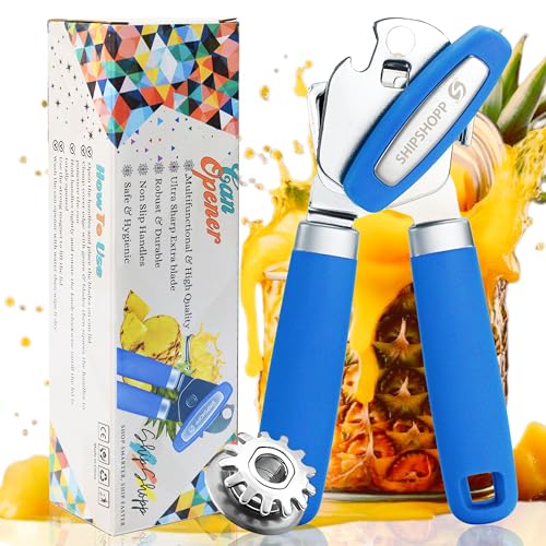ShipShopp Can Opener - High Grade Stainless Steel Can Openers That Work with Non Slip Handle - Extra Sharp Cutting Blade - Heavy Duty Tin Opener for Arthritis Hands with Magnetic Lid Lifter – Blue