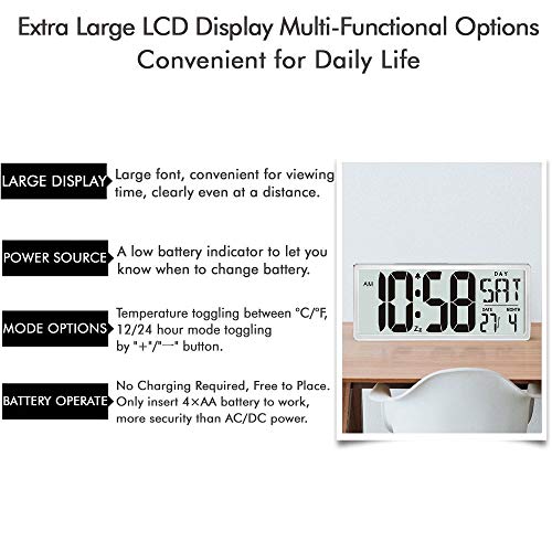 TXL Jumbo Digital Alarm Clock, Large LCD Display Timer/Calendar/Temperature/Snooze/12-24H, Energy Saving Battery Operated Extra Large Digital Wall Clock, Desk Clock for Bedside Office Gym Hotel,Silver - Thumbnail 6