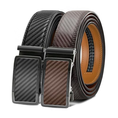 Mens Belts 2 Pack-Ratchet Slide Adjustable Leather Belts for Men, Trim to Fit, Dress&Casual (1 3/8