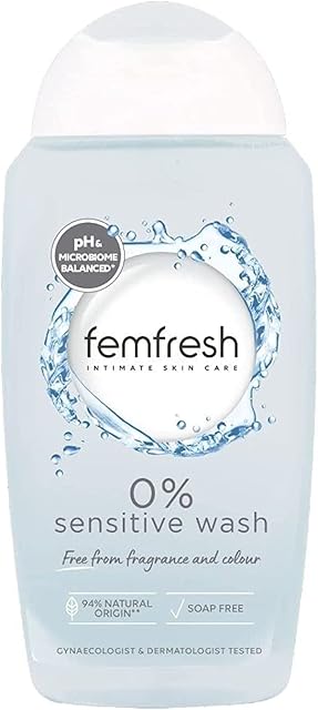 Femfresh 0% Sensitive Intimate Wash - Feminine Hygiene Shower & Bath Gel Cleanser - pH Balanced, Soap Free, Fragrance Free Vegan Formula - w. Purifying Lotus Flower Extract to Soothe & Protect - 250ml