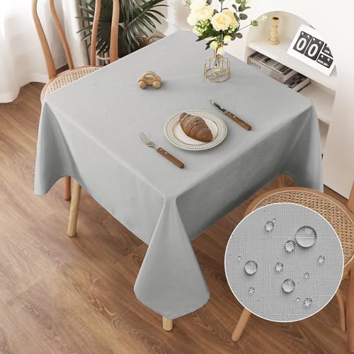 AooHome Tischdecke Abwaschbar, Hellgrau Tischdecken 120x120cm Leinen-Optik Tischtuch aus Polyester Wasserabweisend mit Lotuseffekt, Dauerhaft Kratzfest für Wohnzimmer, Esszimmer, Balkon, Garten