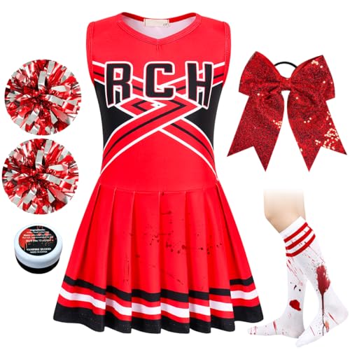 TOLOYE Zombie Cheerleader Costume Kids, Halloween Cheerleader Outfit with Cheerleader Pom Poms, Cheerleader Costume Fancy Dress for Carnival Cosplay Halloween Birthday Party (140)