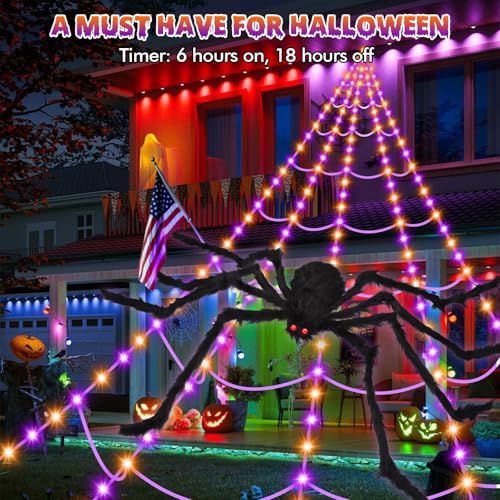 Image of OCATO 200 inch Halloween Decorations Spider Web Lights Outdoor +59 inch Fake Spider
