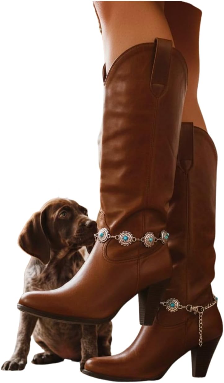 Women’s 2PCS Western Boot Chain Bracelets – Silver Metal Chain Anklet with Turquoise Blue Flower Charms – Adjustable Shoe Ethinc Jewelry SET BC98