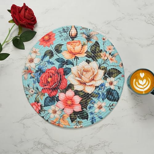 Image of LaVichitra Cotton Table Placemat | Dining Table Mat | Bed Side Table Mat | Cotton Round Shape Placemats | Washable PlaceMat for Shelves & Plant Pots - Pack of 6, Blossom