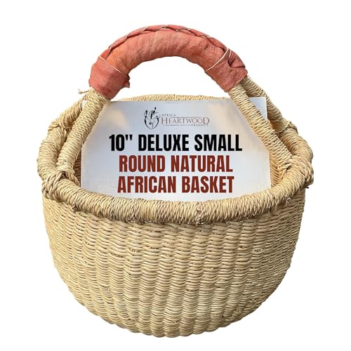 Africa Heartwood Project - Deluxe Small Round Natural African Basket with Leather Handle - Classic Heartwood Bolga Market Basket from Women in Bolgatanga, Ghana - 10" Round Flat-packed