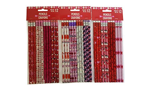 36 Valentine's Day Themed Holiday Pencils Bundle Pack of Three (3) Assorted Sets of 12 Pencils Each