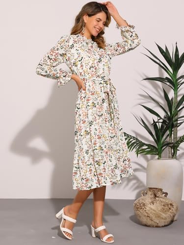 Image of Allegra K Fall Casual Floral Dress for Women 2025 Long Sleeve Crew Neck Chiffon Midi Tea Party Ruffle Dresses