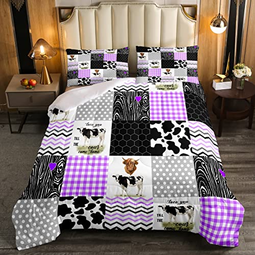 Erosebridal Cute Cow Print Comforter Set Twin Size Kawaii Highland Cow Bedding Set Bedroom Decor Honeycomb Plaid Pattern Geometric Stripes Down Comforter Farm Animals Duvet Set, Purple Black