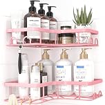 Kitsure Corner Shower Caddy - 2 Pack Rustproof Shower Organizer, Durable Shelf with Large Capacity, Drill-Free Adhesive Bathroom Shelves with 4 Movable Hooks, Large, Pink