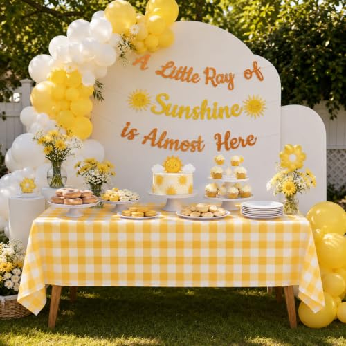 Image of Blue Orchards Yellow Gingham Table Cover (Pack of 3 with 20 Glue dots) - 54 inchx108 inch XL - Yellow and White Checkered Picnic Tablecloth, Baby Shower Decoration, Camping, Outdoor Birthday Party Supplies