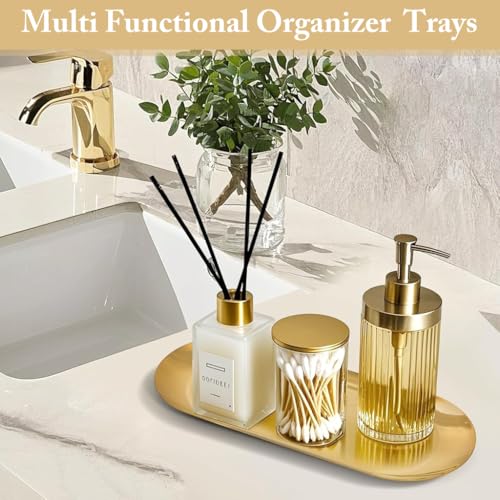 Image of HASTHIP 2Pcs Enlarged Golden Rectangular Trays Stainless Steel Bathroom Tray Set,Multipurpose Organizer for Vanity,Makeup,Perfume,Jewelry,Skincare,Durable & Rustproof,Ideal for Home Decor,30x12cm