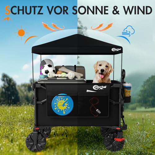 PORTAL Bollerwagen faltbar mit Dach 350L 122KG Klappwagen Handwagen klappbar schnellspannere breite Reifen mit Getränkehalter Sonnenschutz für Ausflug Strand Camping Einkaufen – Bild 5