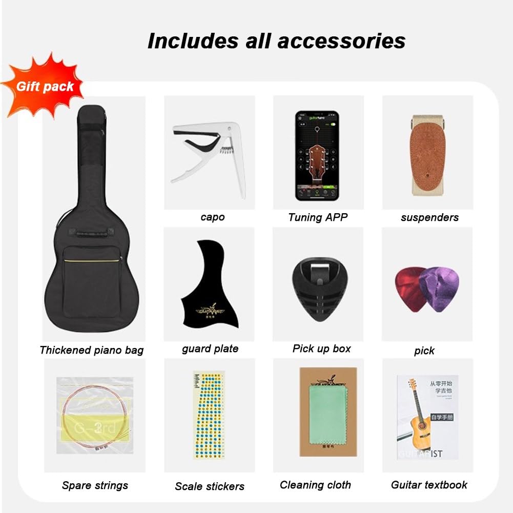 Chitarra acustica per principianti, kit di base con custodia, corde, tracolla, accordatore e plettri, per giovani e professionisti