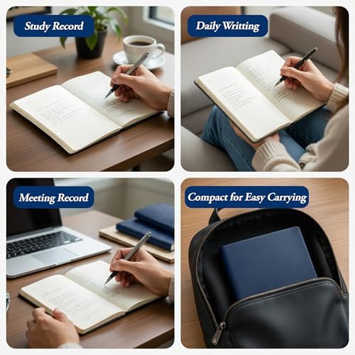 Image of GLUN Soft Touch PU Leather A5 Notebook, Navy Blue Cover Portable Pocket Diary Notepad with Schedule, 242 Writing Pages for Home, School & Office Use