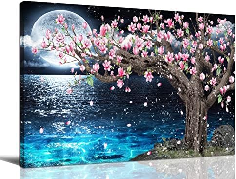 Magnolia Tree Wall-Art For Bedroom - Pink And Blue Wall Decor - Moon Framed Canvas Art Picture 16" x 12"