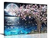 Magnolia Tree Wall-Art For Bedroom - Pink And Blue Wall Decor - Moon Framed Canvas Art Picture 16" x
