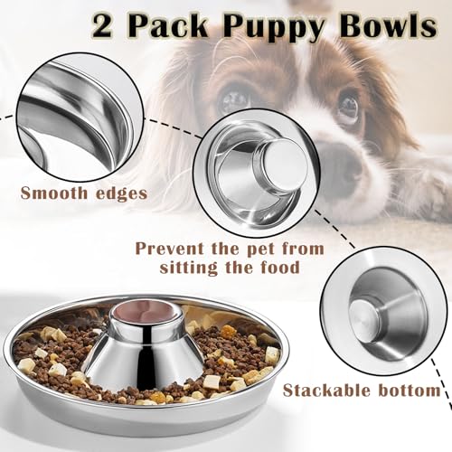 Nexboraque 2 Stück Edelstahl-Welpennäpfe – 25,4 cm Welpen-Futterspender Langsame Futternäpfe für mehrere Welpen – Futter- und Wassernapf für kleine Hunde, Katzen