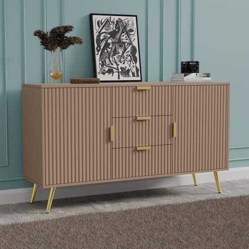 Image of Wooden Sideboard Cabinet for Living Room with 3 Drawers & 2 Doors Storage for Dining, Drawing and Home Office | HDMR Premium Wood & Iron | 58 x 15.74 x 30.70 Inch | Taupe & Golden