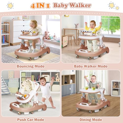 Image of Baby Walker with Wheels, 4 in 1 Foldable Baby Walkers for Boys Girls 6-18 Months, 3 Level Height Adjustment with Bouncing, Feeding Tray & Music, Baby Walker with Activity Center, Toddler Push Walker