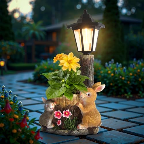 YEPOTUE Solar Bunny Garden Stalue Outdoor, Rabbits Figurine Flowerpot Decolwith Solar Lantem for Yard Art Lawn Ornaments Porch Patio Balcony – GardeningGifts for Women Mom