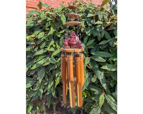 Buddha Wind Chime Natural Bamboo & Coconut Shell Fair Trade Sitting Buddha Hand Carved Eco Friendly garden Outdoor Hanging Home Decor Patio Yard 45cm Fair Trade