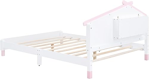 Miniatura 8 de Cama de plataforma matrimonial con luces LED, marco de cama matrimonial de madera para niños con cabecera en forma de casa, marco de cama de casa de