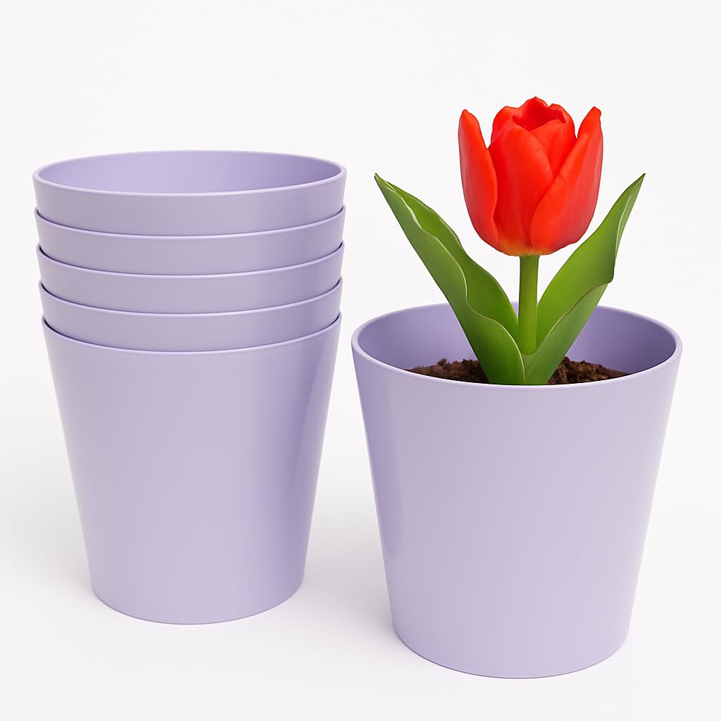Home Garden Ornaments Lilac Plant Pots Indoor 6Pcs Glossy Decorative Plastic Flower Pots, Vibrant Decorative Pots (, 17Cm / 6.7 In)