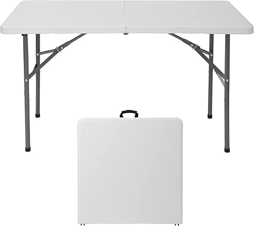 ZENY Mesa plegable portátil de plástico de 4 pies para interiores y exteriores, picnic, fiesta, campamento, mesa de comedor con asa, color blanco