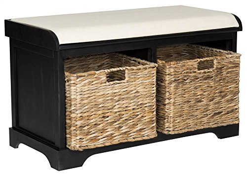 SAFAVIEH Furniture - Freddy 2-Basket Storage Bench - Black - Solid Wood - Coastal Basket Storage Design - Ideal for Entryway, Living Room, Hallway, 18' Seat Height - Fully Assembled (AMH5736B)