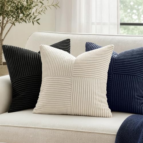 Image of MIULEE Black Decorative Throw Pillow Covers 20x20 Inch for Couch Bed Sofa Pack of 2 Boho Farmhouse Throw Pillows Soft Cross Corduroy Patchwork Textured Cushion Cases