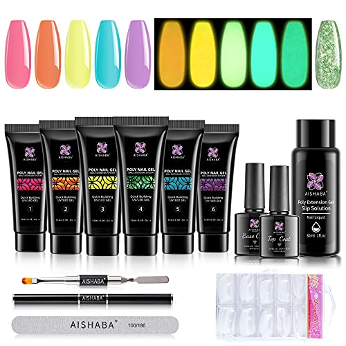Aishaba Poly Nail Gel Kit Glow in the Dark Poly Nail Gel 6 Colors Poly Extension Nail Gel Kit Neon Colors Soak off UV/LED Gel with Slip Solution All-in-one French Builder Gel for Halloween