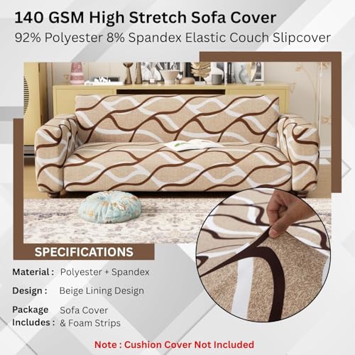 Image of Lukzer 3 Seater Beige Lining Design Universal Sofa Cover | 360 Fully Covered Anti-Slip Washable Couch Cover Protecter | 140 GSM Stretch Fit Polyester + Spandex Slipcover (180-230cm /SC-021-03)