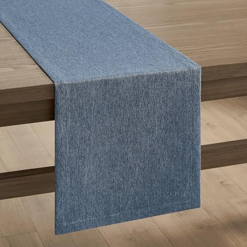 Image of ZeeMart Basic Linen Style Table Runner, 14x36 Inch Navy Blue | Mitered Corner Design, Medium Weight Fabric, Rustic Farmhouse Style, Machine Washable Easy Care Everyday Table Scarf