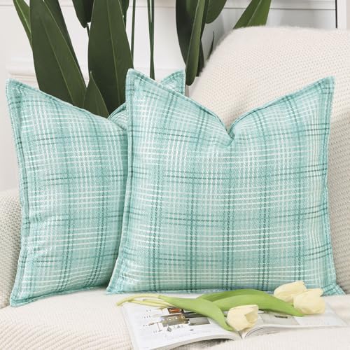 Madizz Juego de 2 Suave Lino de Poliéster Tejido Decorativo Al Aire Libre Funda de cojíns con Borde Ancho Lujo Estilo Fundas de Almohada para el sofá Patio Verde Menta Cuadrado 50 x 50 cm