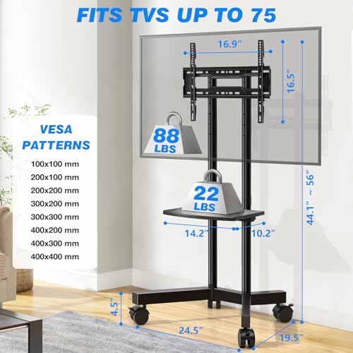 Image of Rfiver Rolling TV Stand with Laptop Shelf, Mobile TV Stand with Upgraded Wheels for 32-75 Inch TVs, Height Adjustable Mobile TV Cart up to 88lbs, Portable TV Mount Stand for Outdoor, Home, Office | Height Adjustable Mobile TV Cart with Laptop Shelf and Upgraded Wheels,Portable TV Mount Stand for Outdoor, Home, Office